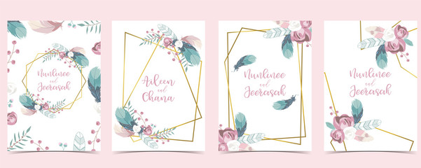 Pink green geometry wedding invitation with cactus and leaves.Vector birthday invitation for kid and baby.Editable element