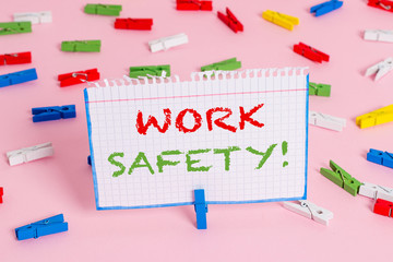 Writing note showing Work Safety. Business concept for policies and procedures in place to ensure health of employees