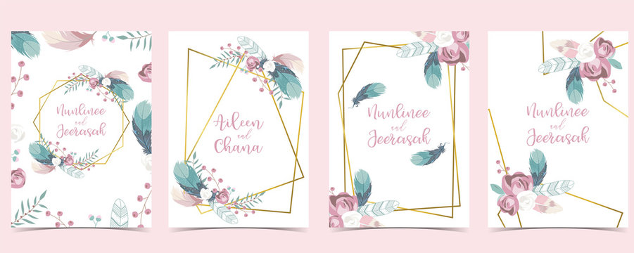 Pink green geometry wedding invitation with cactus and leaves.Vector birthday invitation for kid and baby.Editable element