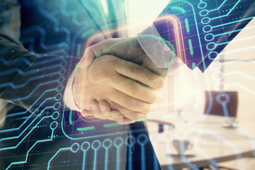 Double exposure of brain drawing on office background with two men handshake. Concept of innovation