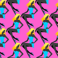 Silhouettes of girl in blue dress. 90s style. Seamless pattern