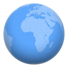 Equatorial Guinea on the globe. Earth centered at the location of the Republic of Equatorial Guinea. Map of Equatorial Guinea. Includes layer with capital cities.