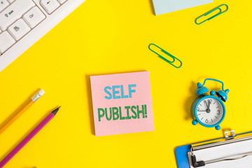 Text sign showing Self Publish. Business photo showcasing writer publish piece of ones work independently at own expense Flat lay above copy space on the white crumpled paper