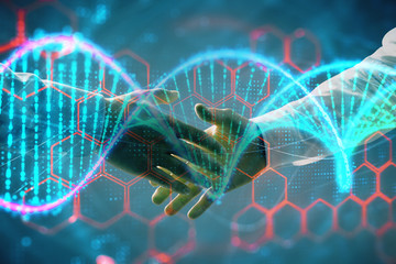 Multi exposure of DNA hologram on abstract background with two men handshake. Concept of bioengineering