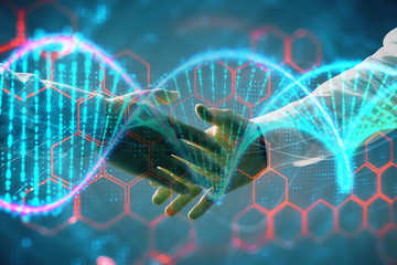 Multi exposure of DNA hologram on abstract background with two men handshake. Concept of...