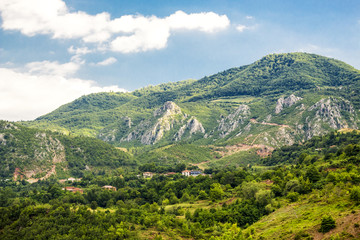 Fototapeta na wymiar Beautiful mountain landscape on sunny summer day. Montenegro, Albania, Dinaric Alps Balkan Peninsula. Сan be used for postcards, banners, posters, posters, flyers, cards