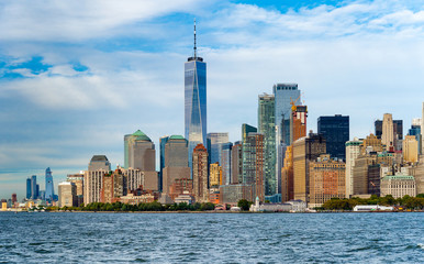 Sun set view of Manhattan skyscrapers in New York.