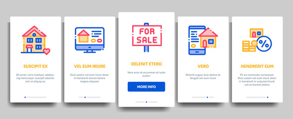 Building House Sale Vector Onboarding Mobile App Page Screen. Building Sale And Rent Tablet, Web Site, Smartphone Application Linear Pictograms. Garage, Skyscraper, Truck Cargo Illustrations