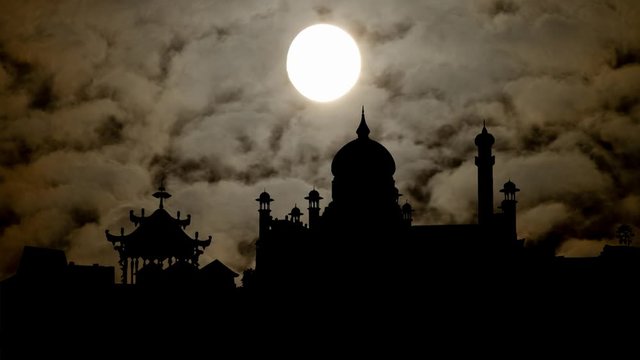 Islamic Mosque Omar Ali Saifuddin and Ceremonial Barge, Time Lapse by Night with Full Moon, Bandar Seri Begawan, Brunei