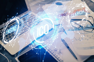 Double exposure of blockchain and crypto economy theme hologram and table with computer background. Concept of bitcoin cryptocurrency.