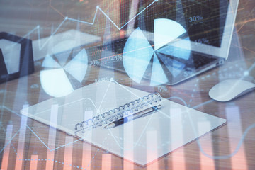 Multi exposure of chart and financial info and work space with computer background. Concept of international online trading.