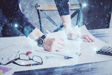 Man with multi exposure brain theme icons.