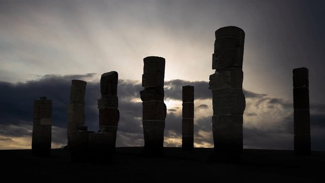 Toltec Warriors Sculptures or Atlantean Columns: Time Lapse at Sunrise, Tula, Mexico