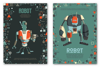 Design template with robots characters and geometric shapes. Technology, future. Artificial intelligence concept. Vector illustration