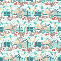 Christmas pattern with food, gifts and Christmas lights. For wrapping paper, cards, invitations, fabric. Seamless vector design.