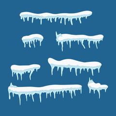 vector illustration of ice icicle, caps, snowflakes set isolated on background. Winter snow clouds template art design. Snowy frame decoration. Graphic element. New year. Merry cristmas