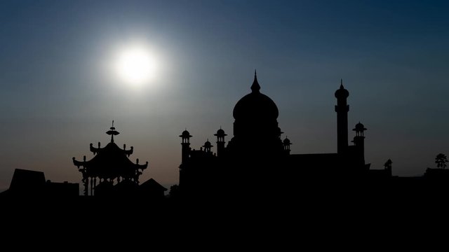 Islamic Mosque Omar Ali Saifuddin and Ceremonial Barge, Time Lapse at Sunset, in Bandar Seri Begawan, the capital of Brunei