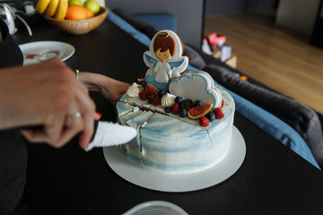 birthday cake at home kitchen with blurry background