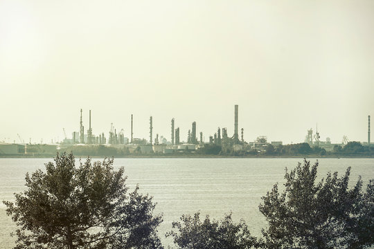 Pollution in Venice, view of Porto Marghera (Italy) industrial area in the venetian lagoon