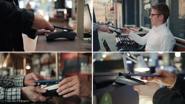 Collage multi camera multicam Man paying with NFC technology with smart phone credit card application in clothing store, close-up, point of view, young handsome student male in shopping mall atm