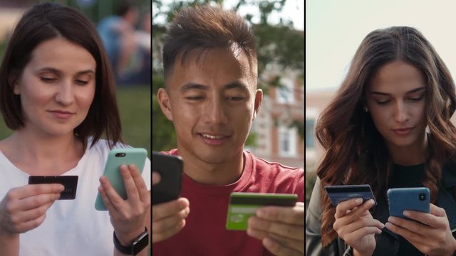 Collage multicam multi camera portrait Student on street with credit card and phone, Brunette woman and asian man makes online payments through the Internet from bank card on smartphone