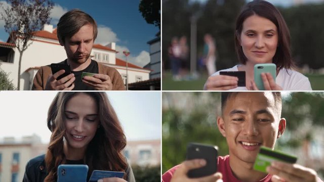 Collage multicam multi camera portrait Student on street with credit card and phone, Brunette woman and asian man makes online payments through the Internet from bank card on smartphone