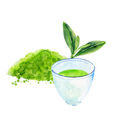 Matcha powder and a cup of green tea.