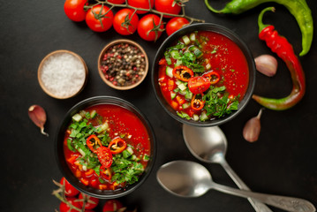 Traditional spanish cold tomato soup gazpacho on concrete background