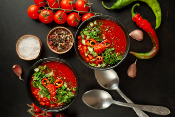 Traditional spanish cold tomato soup gazpacho on concrete background