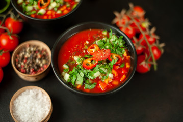Traditional spanish cold tomato soup gazpacho on concrete background