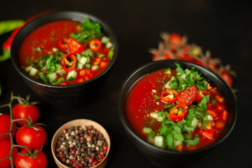 Traditional spanish cold tomato soup gazpacho on concrete background