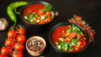 Traditional spanish cold tomato soup gazpacho on concrete background