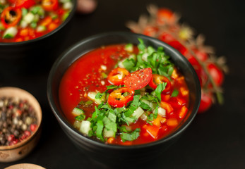Traditional spanish cold tomato soup gazpacho on concrete background