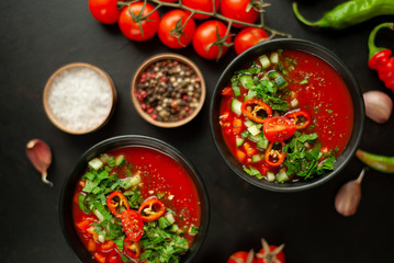 Traditional spanish cold tomato soup gazpacho on concrete background