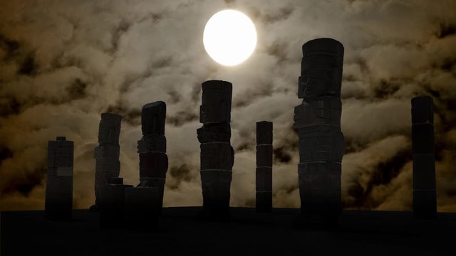 Toltec Warriors Sculptures or Atlantean Columns: Time Lapse in Dark Night with Full Moon, Tula, Mexico