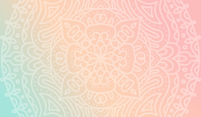 Dreamy tender gradient wallpaper with mandala pattern. Vector horizontal background for meditation poster, banner for yoga school