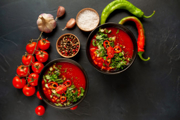 Traditional spanish cold tomato soup gazpacho on concrete background