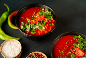 Traditional spanish cold tomato soup gazpacho on concrete background