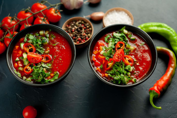 Traditional spanish cold tomato soup gazpacho on concrete background
