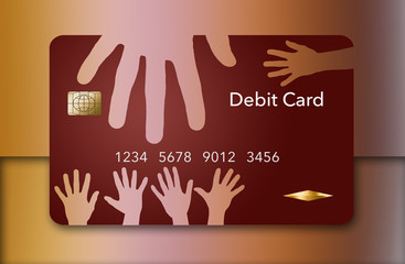 Hands reach out for this red debit card.