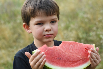 Happy boy eating healthy watermelon in garden. Child with a big slice of watermelon