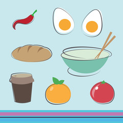 Healthy Food and Fruit Packs Design. Chili, Egg, Bread, a Cup of Coffee, Orange, Tomato, Noodles Icons Vector Illustration