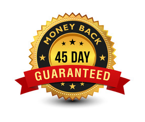 Golden colored 45 day money back guaranteed badge with red ribbon on top isolated on white background. banner, sticker, tag, icon, stamp, label, sign.