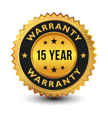 Golden colored 15 year warranty badge isolated on white background. banner, sticker, tag, icon, stamp, label, sign.