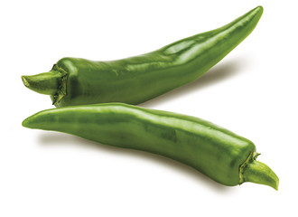 23 fresh green chilli peppers. Isolated on white background.