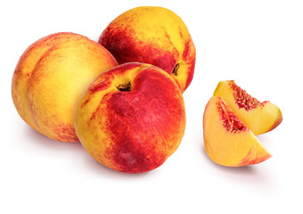 Nectarines (White Briñones). 3 whole pieces and 2 segments. Isolated on white background