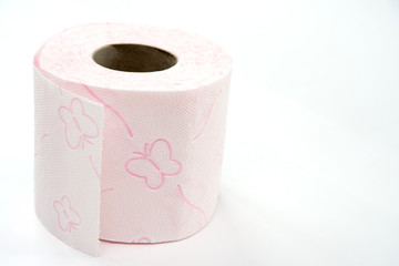 pink toilet paper roll, white background, close-up, butterflies on toilet paper, clean toilet paper