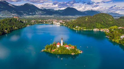 Bled, Slovenia - Aerial panoramic skyline view of Lake Bled (Blejsko Jezero) with the Pilgrimage...