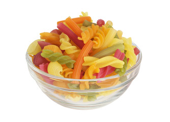 Colorful pasta in bowl isolated on white background