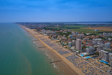 Aerial view Jesolo beach near Venice, Italy. Resort town in the north of Italy. Resorts of the Adriatic Sea.